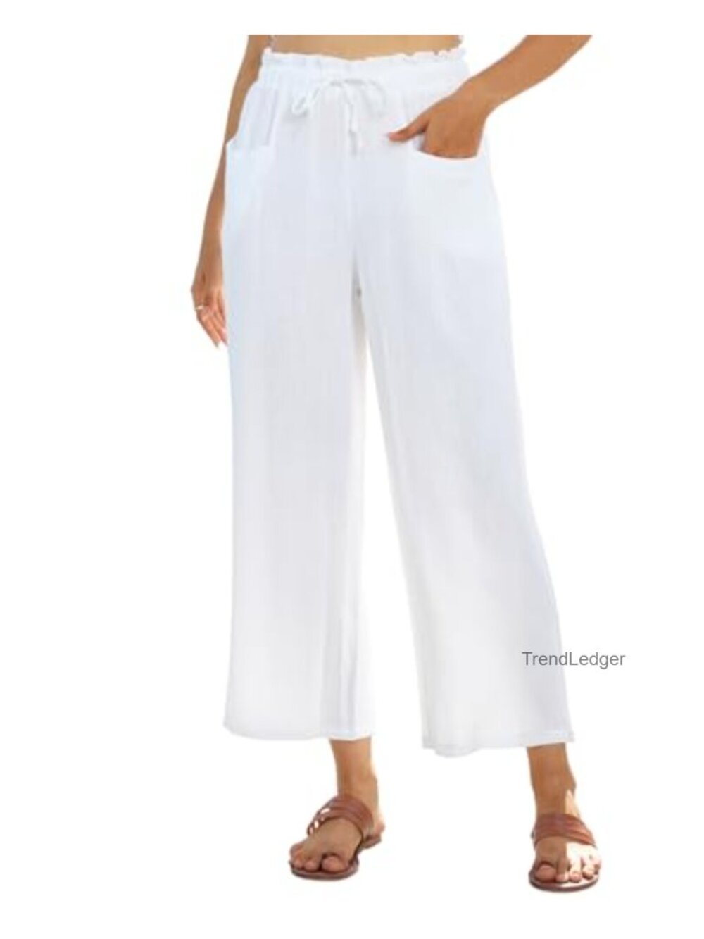 Wide Leg Linen Pants Cropped High Waisted Flowy Summer Vacation Capri